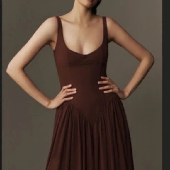 green emerald velvet dress Miranda Midi Drop Waist Cotton Dress - Brown | Occasion Dress in Sizes  XXS6X